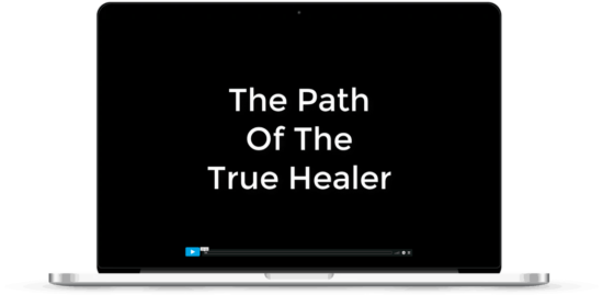 A laptop displaying text, 'The Path of the True Healer'